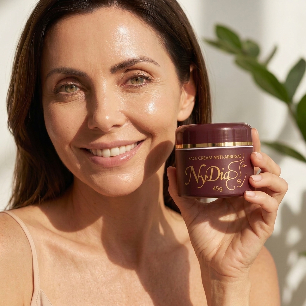 Mujer sonriendo sosteniendo el frasco de Nydia Face Cream Anti-Arrugas a la luz del sol